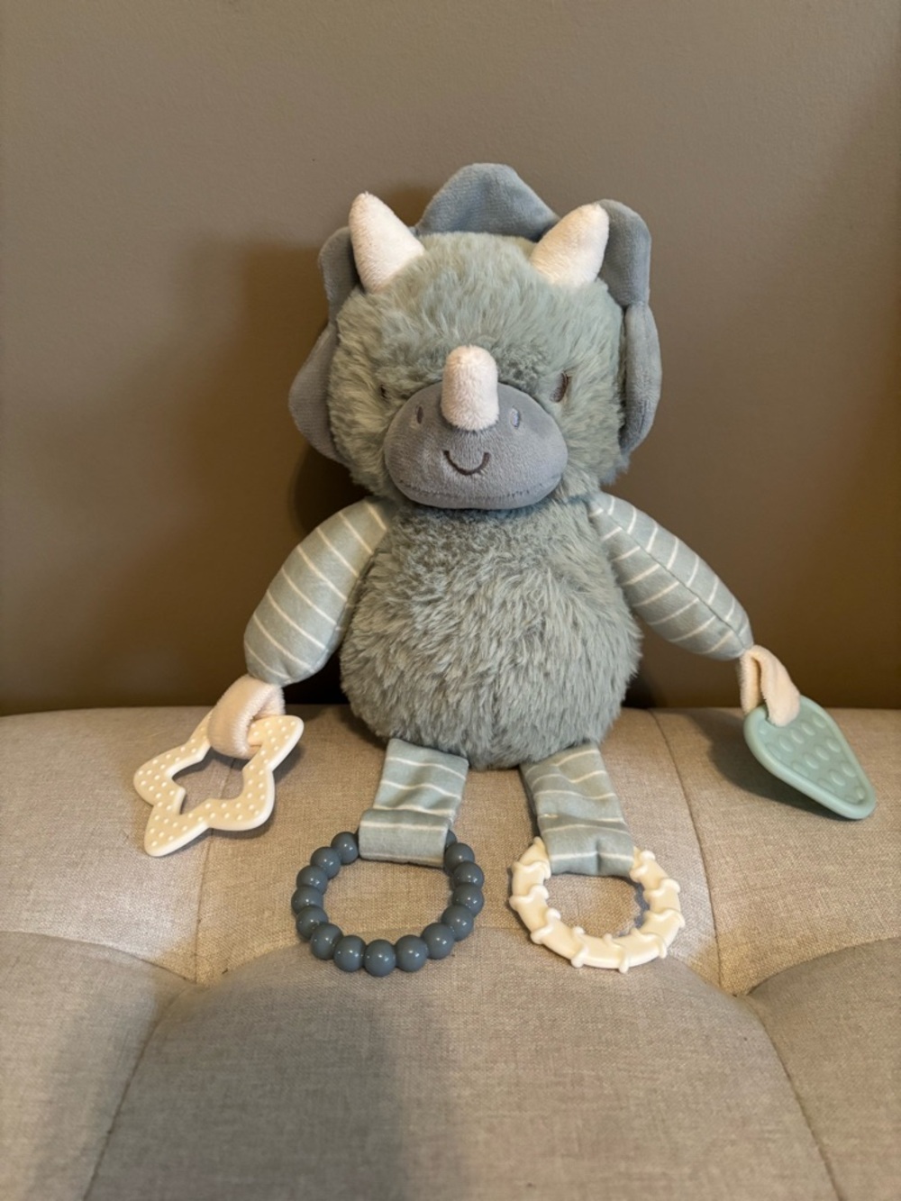 NWOT Plush Triceratops Teething Toy - Soft Gray-Green Dino for Babies